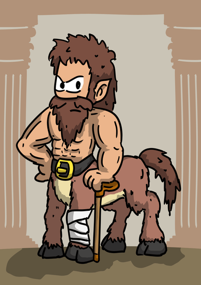 Un centaure avec une jambe dans le plâtre et une canne.