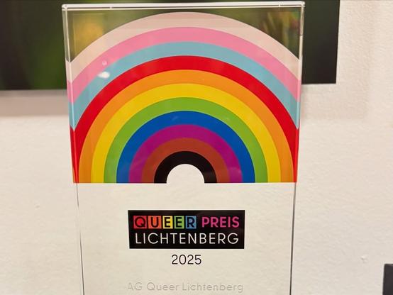 Das Bild ist eine Nahaufnahme eines transparenten Acryl- oder Glaspokals, der den Queer Preis Lichtenberg darstellt. Der Preis hat oben eine bogenförmige Einlage mit den Farben der Regenbogenflagge (Prideflagge) und der Transgender-Flagge (hellblau, pink, weiß).

Auf dem Sockel des Preises ist in der Mitte der Text "QUEER PREIS LICHTENBERG" in schwarzen Kästen mit farbigen Buchstaben zu lesen. Darunter steht die Jahreszahl "2025". Im unteren Bereich des Sockels ist schwach lesbar "AG Queer Lichtenberg" eingeprägt. Der Pokal steht vor einem hellen Hintergrund.