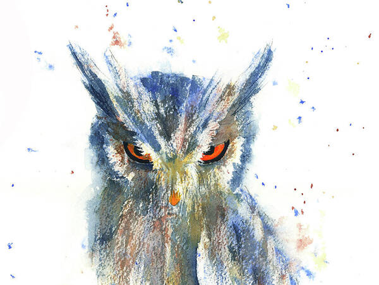 Watching you is a detail in landscape format from my watercolour painting I am watching you, which I painted in portrait format. In this detail, which only shows the head and part of the owl's upper body, the focus is on the eyes, which scrutinise the viewer intensely.
Here is the description of the original in portrait format:
I am watching you is a watercolor painting in portrait format painted by the artist Karen Kaspar. An owl is sitting on a branch. It has lowered its head and looks at the viewer with a penetrating gaze from its bright orange eyes. The plumage is painted with loose brushstrokes in shades of blue and brown. The background is white with splashes of colour in the same shades as the owl's feathers.
