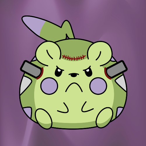 The Pokémon Togedemaru, shown as Frankenstein’s monster, featuring green skin with purplish-gray spikes, a nasty scar across its forehead, and two electrodes protruding from both sides of its head.