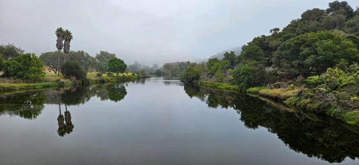 A wide, calm river flows through a landscape filled with dense green vegetation under a hazy, overcast sky. The river takes up the majority of the frame, reflecting the trees and sky on its still surface. On either side of the river, lush trees line the banks, creating a symmetrical composition. In the distance, a slightly elevated terrain with more trees is visible through the haze. The overall tone is muted, with shades of green and gray dominating the scene, suggesting a tranquil and somewhat misty atmosphere.