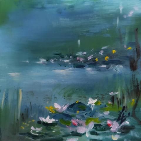 Seerosenteich nach Monet, blau-grüner Farbklang, Blüten in weiß, rosa und gelb