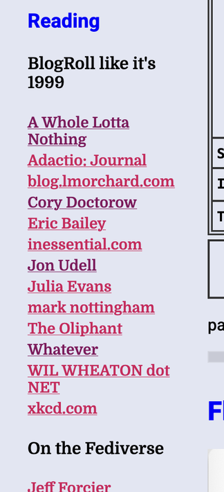 Vertical screenshot of the sidebar of my blog with a small heading in Blue that says "Reading", a smaller black heading that says "BlogRoll like it’s 1999". Underneath is a list of blogs I read, including:

A Whole Lotta Nothing
Adactio: Journal
blog.lmorchard.com
Cory Doctorow
Eric Bailey
inessential.com
Jon Udell
Julia Evans
mark nottingham
The Oliphant
Whatever
WIL WHEATON dot NET
xkcd.com