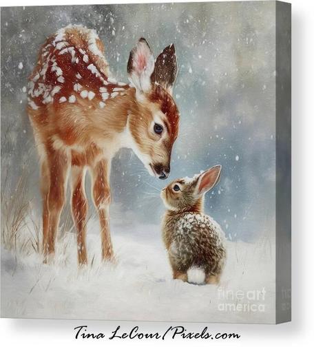 This is a canvas of a sweet encounter between a little fawn and rabbit during a winter snowfall.