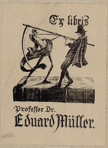 "Ex libris Professor Dr. Eduard Müller". This ex libris - showing a Man fighting Death on a giant book - is glued into a medical book from 1793. Source: http://resolver.sub.uni-goettingen.de/purl?PPN1804462381