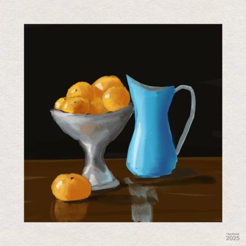 A digital oil still life painting of a metallic fruit bowl filled with bright orange tangerines on a wooden table. A single tangerine rests on the table to the left of the bowl. Beside them, there is a tall, curved blue pitcher with a handle. The background is plain and dark, contrasting with the colorful objects.