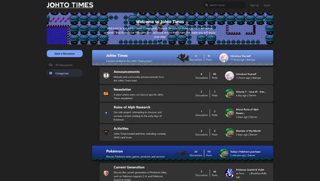 The Johto Times community forum, with various boards to discuss the newsletter and the Pokémon series. We also have a community section where you can share your fanworks!