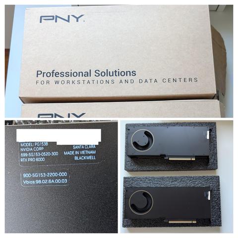 a picture collage consisting of 3 pictures: the top picture shows two packaging boards labelled "PNY - Professional Solutions For Workstations and Data Centers". The second, in the lower left side, shows a label that has been attached to one of the GPU by the producer. It gives some information about the model and mentions "RTX PRO 6000". The third image in the lower right side shows the two unpacked GPUs laying side by side.