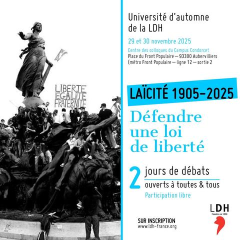 Ouverture des inscriptions à l'université d'automne de la LDH - Visuel avec le titre du colloque et une photo de la place de la République