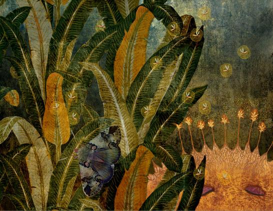 Rich greens and gold colors of a leafy garden at twilight. Bright spots of glowing firefly's hover in the air. A single moth spreads its wings of purple and gray. In the lower right, a partial abstract face with closed eyes, topped by flower-like blossoms and shining sparkles.