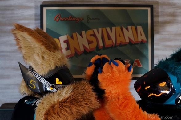 Korr (left) trying to take on Nibble (right). There is a photo behind them that says “Greetings from Pennsylvania U.S.A.”. This was taken during WPAFW 2025.