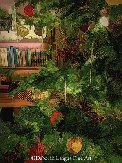 Decorated for Christmas 2020, the music room in the conservatory at Longwood Gardens hosts beautifully decorated trees and other holiday finery. In this image, a book case serves as backdrop for the traditionally festooned tree.

The Music Room originally housed the first organ console and one of Pierre S. du Pont's two Steinway concert grand pianos. Today, the room; with its walnut and silk paneled walls, teak floor, grand fireplace, and elaborately molded and painted plaster ceiling, is used for art exhibits, small lectures, and receptions.