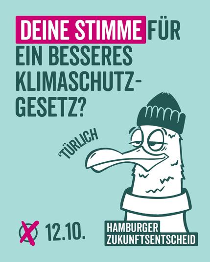 Deine Stimme für ein besseres Klimaschutzgesetz? 'Türlich 
12.10. Hamburger Zukunftsentscheid 
Bild: Coole Möwe.
