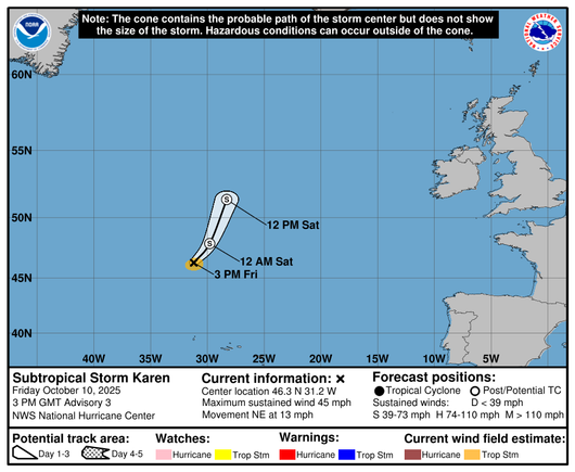 Summary for Subtropical Storm Karen (AT1/AL112025)
The minimum central pressure was 998 mb with maximum sustained winds of about 45 mph.