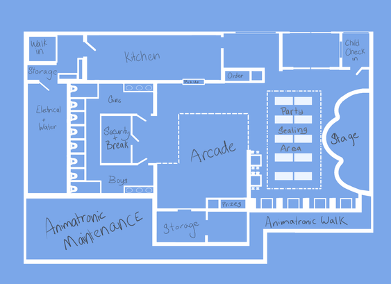 Digital art- a fictional blueprint like drawing, showing the floor plan of a fictional arcade resturant.