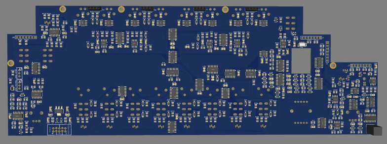 A 3D rendering of a printed circuit board, with a lot of components positioned on it. The board in the picture is blue, although in real life when it is manufactured it will be the traditional green. 

There are 35-40 IC chips visible on the board, as well as a couple of hundred smaller passive components, a mix of resistors, diodes, and capacitors. 

Even given those numbers, there is a big section on the center-left that doesn't have much on it. This isn't really by design -- I tend to work a section at a time, and I never know exactly how much space everything is going to take, so I use fairly minimal spacing between components. Sometimes this leads to more space savings than strictly necessary. 

I should put a picture there!