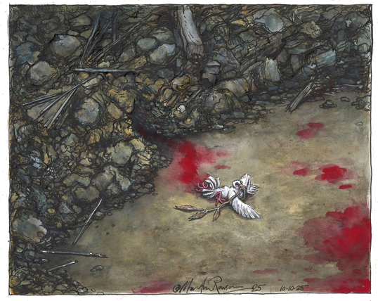 Vignetta illustrata e firmata, datata 10.10.25. La scena mostra un terreno fangoso e disseminato di detriti, con rocce e rami spezzati. Al centro, una chiazza rossa simile a sangue macchia il suolo. Un solo uccello bianco giace immobile, con l’ala aperta, evocando la fragilità e la perdita. L’immagine trasmette un forte senso di violenza e lutto, suggerendo l’impatto della distruzione sull’innocenza.