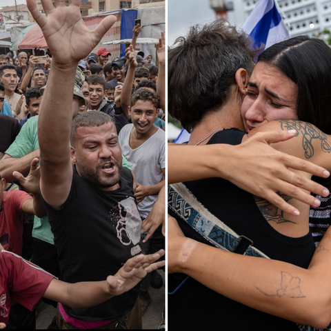 Palestinians, left, and Israelis celebrated a cease-fire agreement on Thursday.