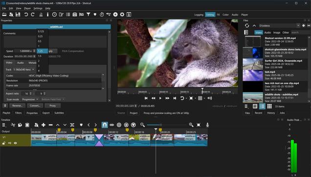 🕶️ A view of its user interface in a dark theme, with top right (1/3 of screen), the area of files to be processed (images, films), left (1/3 of screen), the specifications of the selected video, center (1/3 of screen), rendering of the selected video with a timeline and player (play, forward, backward, . ...), and at the bottom (almost full width), the editing timeline with various sources and control icons, and on the right a bar graph of the current soundtrack.

📚️ Shotcut is a libre, multi-platform, non-linear video editor. It supports a wide range of audio, video and images formats via FFmpeg and Frei0r, has many features for audio (volume, balance, filters, spectrum analyzer, effects, 5.1 sound, Jack, ...), video (transitions , composition, mixing, filters, effects) and editing (copy, cut, paste, insert, erase, timeline, undo / redo, save and load, drag-n-drop from the file manager, ...), capture from webcam, screen, audio or network, and supports different professional devices.