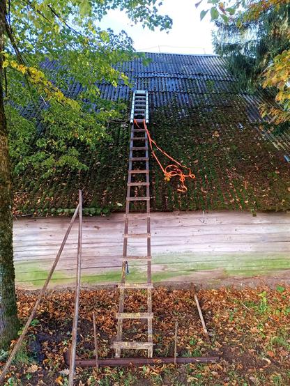 The same scenario, but the two ladders are now tied together with ratchet straps, the roof tile is back in place and the firewood safe again.