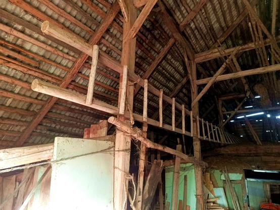 A wooden ladder hanging on the beams of a pole barn, tailing off into the dark distance. It's twisting near the end. It's around 13m long and made of round sticks nailed onto round beams.
