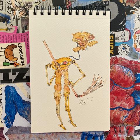 Ilustracion en acuarela en color amarillo de un robot larguirucho barriendo el suelo con una escoba robótica y una rumba voladora volando encima. El dibujo está sobre un cuaderno, de fondo hay un collage con muchas imágenes inconexas.