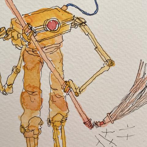 Detalle de la ilustracion, robot con color amarillo con brazos flaquitos y una cara que parece un proyector: una caja cuadrada con un lente