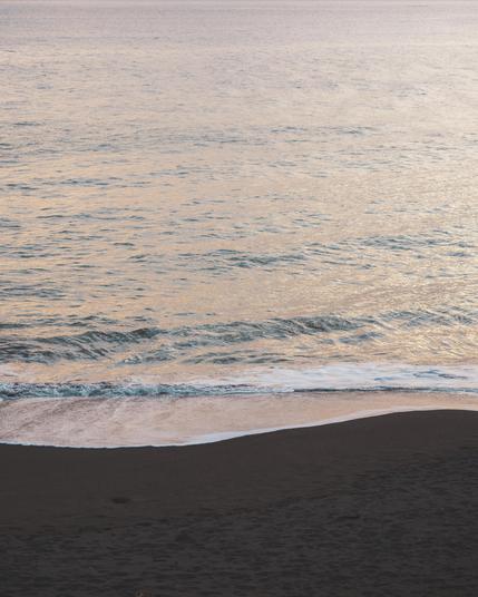 Ocean waves gently approach a dark sandy beach under a serene sky, reflecting soft hues of pink and purple.