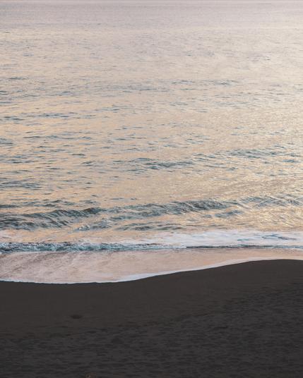Ocean waves gently approach a dark sandy beach under a serene sky, reflecting soft hues of pink and purple.