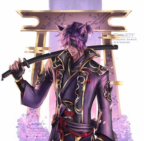 full rendered color (oil painterly type) character art of a Miqote Miqo'te samurai, wol OC from FFXIV final fantasy XIV ff14 character, as samurai job in purple suit,  he has short pony tail, purple-oink highlight hair, one eye-covered, he’s holding the katana sword, standing in waist up shot, with japanese torii and pink flower petals background.

art by snowfredel owner Nayela, Vgen commission
#snowfredelart