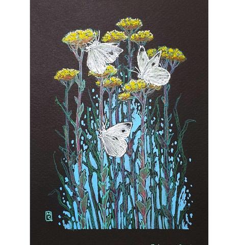 A drawing of 3 Cabbage White butterflies perched on tall yellow flowers with a blue background to the lower area of the composition. The drawing is on Black paper.
The Cabbage White butterfly is a species that thrives in diverse habitats, these small to medium-sized white butterflies with dark wingtips and spots are a familiar sight, fluttering in abundance during late spring and summer.
An original art work, please note that the frame is not included.
Colour pencil and mixed media on acid free toned artist paper
5 by 7 inches (12.7 by 17.8 cm).
Sold unframed