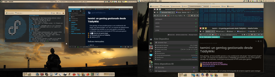 Escritorio Plasma Desktop extendido a dos monitores que muestran cada uno su panel inferior, estilo dock, con una colección de iconos de aplicaciones dibujados en estilo historieta, y panel superior con el título de la ventana, el menú la aplicación activa al centro y la bandeja de sistema y hora alienada a la derecha. El esquema de colores de fondo de los paneles y bordes de las ventanas es en tonos miel.

El monitor de la izquierda muestra mi silueta sentada a contraluz de un cielo dramático lleno de nubes en tonos anaranjados y grises. Parece que miro hacia arriba a la izquierda, donde hay una ventana de Konsole mostrando la salida de fastfetch, mientras que a la derecha hay una ventana del navegador del protocolo gemini Lagrange, con la página principal de twmini en su versión gemlog.

El monitor de la derecha muestra una ventana de KRDC que contiene el escritorio remoto de la ThinkPad que me funciona como servidora. La interfaz remota está basada en XFCE, tiene un único panel vertical a la izquierda con los botones alineados desde abajo, como si fuera un totem, hay una ventana de Firefox a todo lo alto ocupando poco más de 1/3 del espacio horizontal, con la gui de Syncthing; otra ventana de terminal sin bordes ocupa cerca de 2/3 del espacio horizontal a la derecha y 1/3 del espacio vertical, con las salidas del servidor node.js desde el que funciona twmini, cuya versión para web es visible debajo, en otra ventana de Firefox que ocupa 2/3 del espacio vertical.