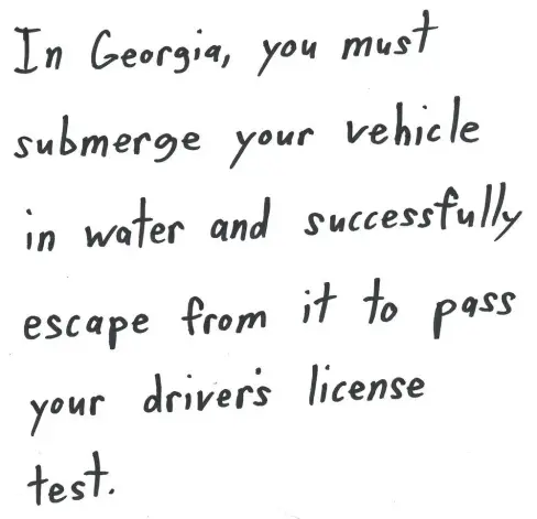 In Georgia, you must submerge your vehicle in water and successfully escape from it to pass your driver's license test.
