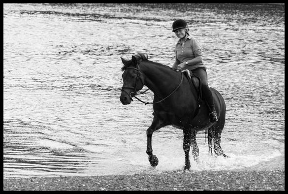 Black and white photograph of a rider wearing a riding helmet and equestrian attire cantering a dark horse through shallow water at the beach, creating dramatic splashes as the horse's hooves strike the water's surface.