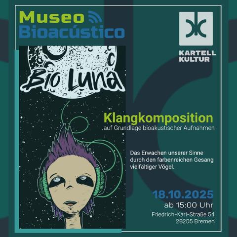 alle Infos im post. Plakat: links ein Cartoonkopf mit Kopfhörern vor einem Mondhimmel