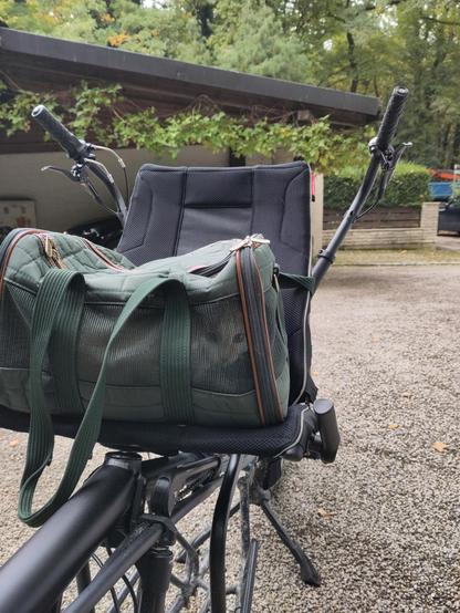 Ein Pino-Fahrrad von vorne (Lasten-Tandem); ein Kater sitzt in seiner Transporttasche auf dem Vordersitz und guckt in die Kamera.