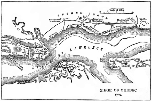 Map of the Quebec City area showing disposition of French and British forces. The Plains of Abraham are to the left.