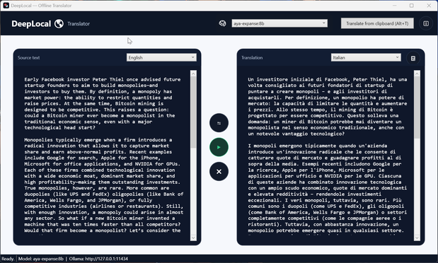 DeepLocal is a clean WPF desktop app that brings DeepL-style translation fully offline via Ollama. Fast two-pane workflow, auto-detect, swap, and model picker (default: gemma3:12b). Build with .NET 8.