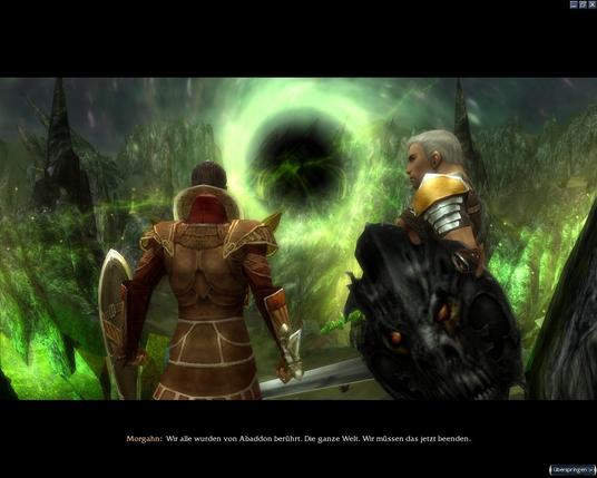 Guild Wars Screenshot: Two warriors from behind, with shields and blade weapons, looking at a giant black sphere in the background.