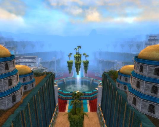 View from a high point in a city. Some citadels and buildings to the left and right. In the center small floating islands with palm trees.
