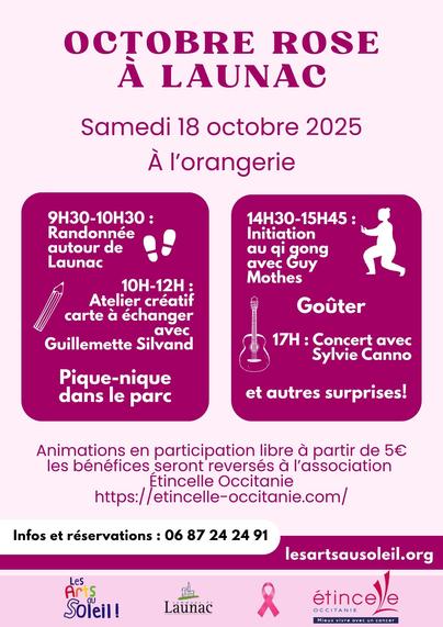 Programme du samedi 18 octobre 
- 9h30: marche d'1h autour de Launac
- 10-12h: atelier créatif d'art mini format à échanger et collectionner
- pique-nique dans le parc
- 14h30-15h45: découverte du qi gong
- 16h goûter avec chouquettes offertes par la boulangerie Martin
- 17h: concert avec Sylvie Canno, guitare classique