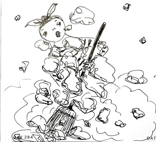 Quicksketch of a figure with headscarf and broom in a huge cloud of dust