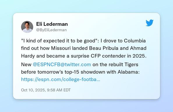"I kind of expected it to be good": I drove to Columbia find out how Missouri landed Beau Pribula and Ahmad Hardy and became a surprise CFP contender in 2025. 

New @ESPNCFB on the rebuilt Tigers before tomorrow's top-15 showdown with Alabama: https://t.co/E7sNzuJyTi