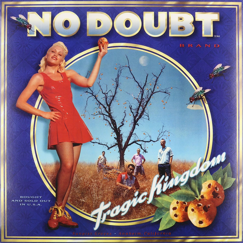 An album cover with a big metallic title at the top that says «NO DOUBT». A blonde woman in a red dress in the front, four men under a fruit tree in the back.