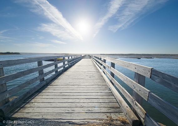 A wood plank bridge with wood railings leads us across a body of water. The few wispy clouds in the blue sky reflect the perspective of the vanishing point of the wood bridge rails.