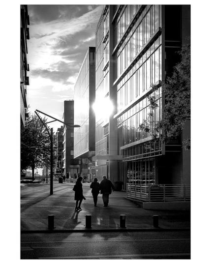 A black-and-white photograph of a modern city street in the late afternoon or early evening. Sunlight reflects brightly off the glass façade of tall office buildings on the right, casting long shadows across the pavement. Three people walk along the sidewalk—two side by side, another slightly ahead—while trees and streetlights line the street. The overall atmosphere feels calm and contemplative, with a play of light and shadow emphasizing the urban architecture.
