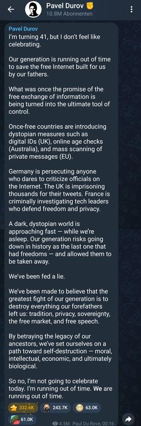 Eine lange Telegram-Nachricht von Pavel Durov, in der unter anderem behauptet wird, in Deutschland würden Menschen verfolgt, die im Internet Amtsträger kritisieren.