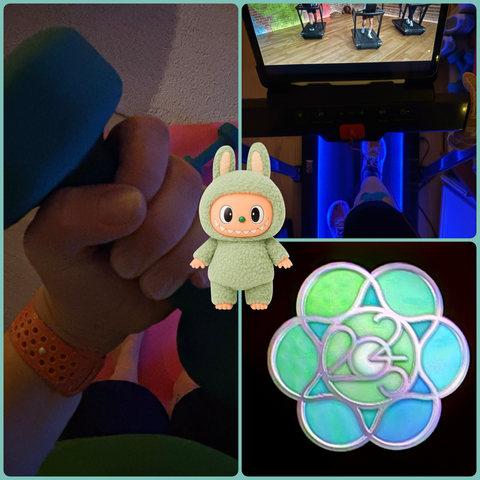3 pictures, my hand with a dumbbell, my feet on my treadmill, my apple fitness limited award for mental health; a sticker with a green Labubus