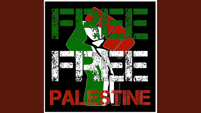 Banner un con un puño pintado con los colores de la bandera palestina y un mensaje que dice en inglés "FREE FREE PALESTINE".