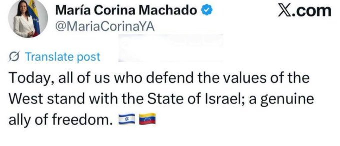 Maria Corina Machado disse, no X:
"Hoje, todos nós que defendemos os valores do Ocidente, estamos com o Estado de Israel; um genuíno aliado da liberdade."